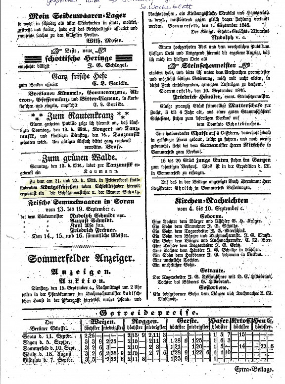 Sorauer Wochenblatt vom 12.09.1846 mit der Anzeige zum Königsschießen in Friedersdorf