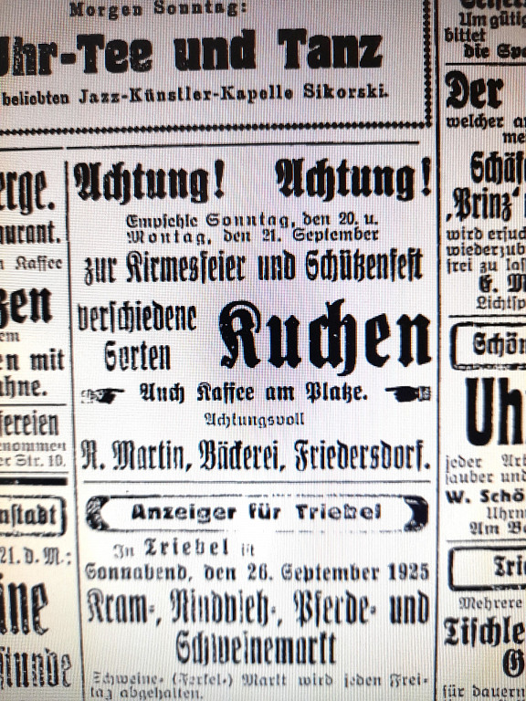 Sorauer Tageblatt 19.09.1925 Anzeige Bäckerei Martin zum Schützenfest