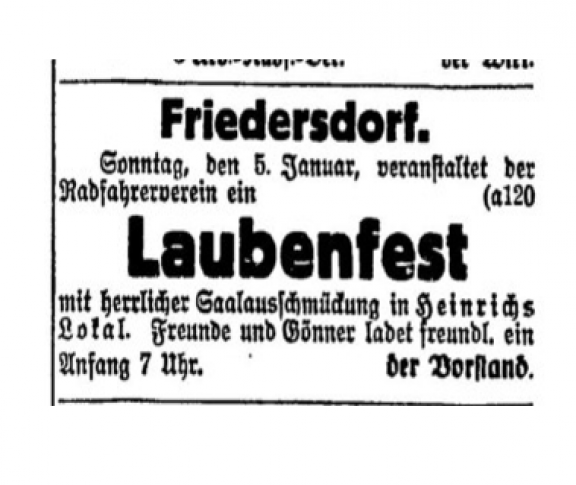 Anzeige vom Radfahrverein Friedersdorf, Sorauer Tageblatt 03.01.1930