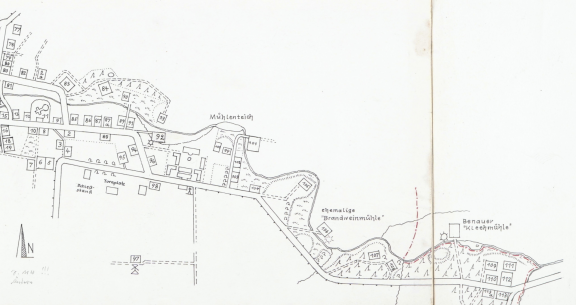 Lage der Schwedenschanze ist links neben der Kleemühle, Zeichnung von Hans-Georg Rudolph, 1973, Quelle Stadtarchiv Forst N.L.