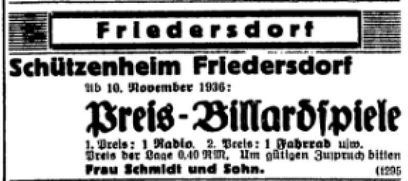 Sorauer Tageblatt vom 10.11.1936 - Anzeige vom Schützenheim Friedersdorf Frau Schmidt